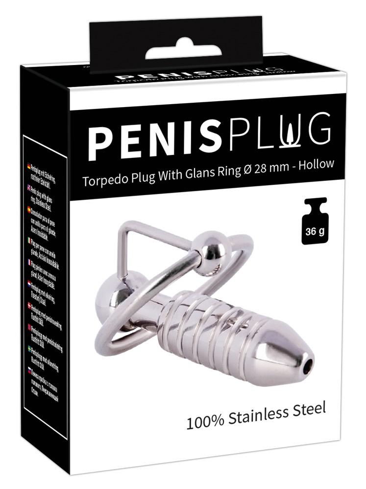 Penis Plug Torpedo Plug With Glans Ring Ø 28 mm - Hollow, peeniseplug/dilaator avaga, roostevaba teras